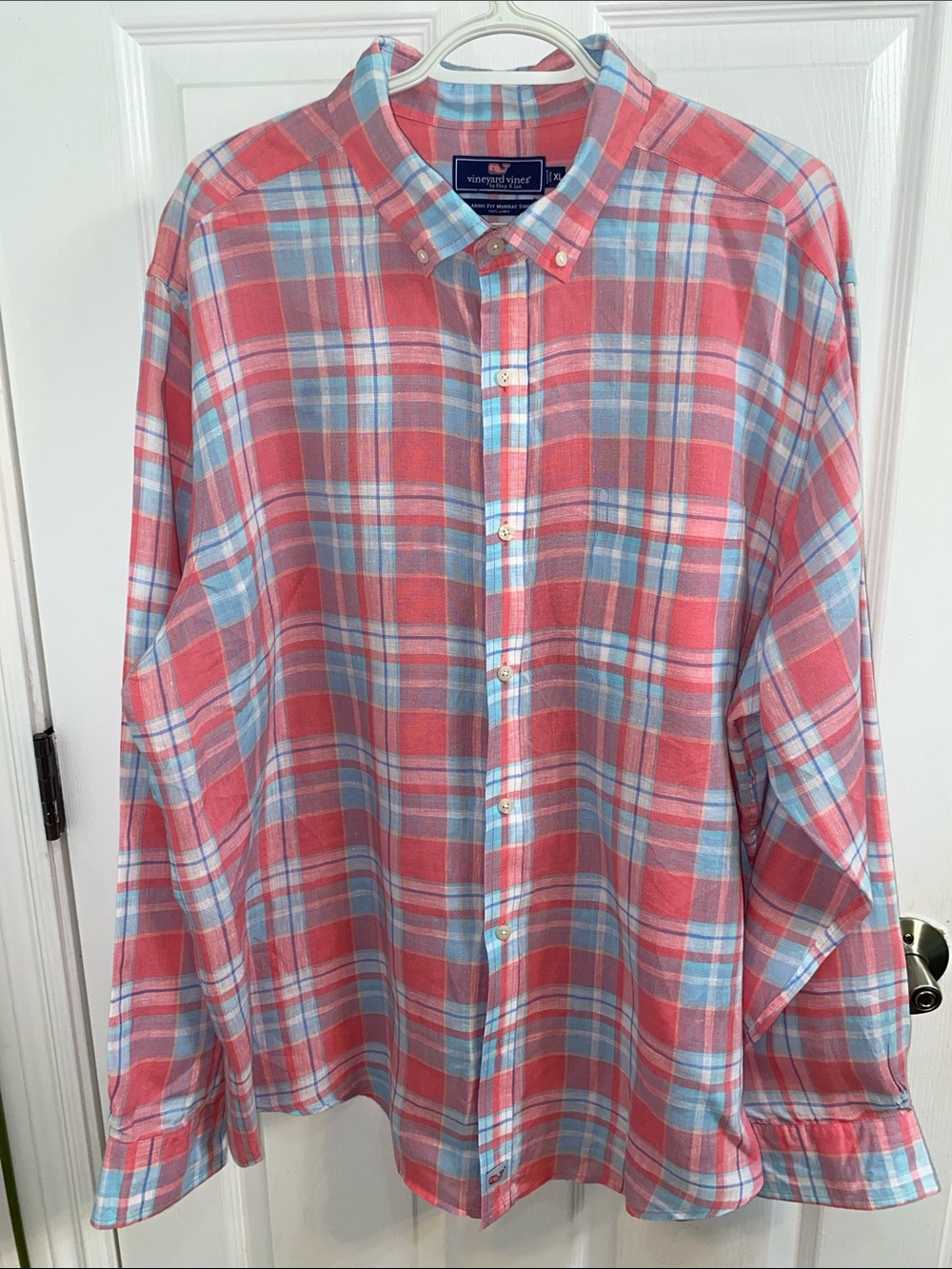 Vineyard Vines Linen Classic Fit Murray Shirt Pink Blue Plaid Men’s Size XL
